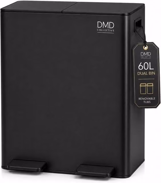 DMD Collective 60L Stainless Steel Double Kitchen Waste and Recycling Bin with Soft Close and Fingerprint Proof Finish in Black