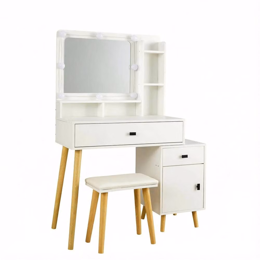 Home Source White Dressing Table with Hollywood LED Lighting Mirror and Cushioned Stool, W: 138 cm, D: 40 cm, H: 76 cm – 2