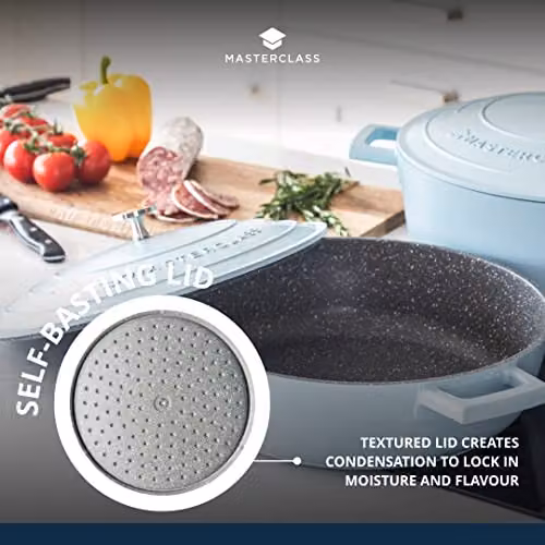 MasterClass Shallow Casserole Dish with Lid, 4L, Sky Blue, Cast Aluminium – 4