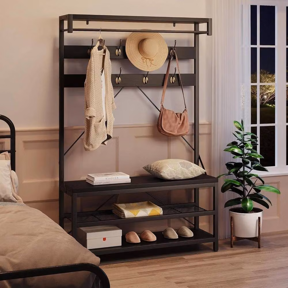 KORVIXA Hall Tree with Shoe Bench and Coat Rack in Black – 4