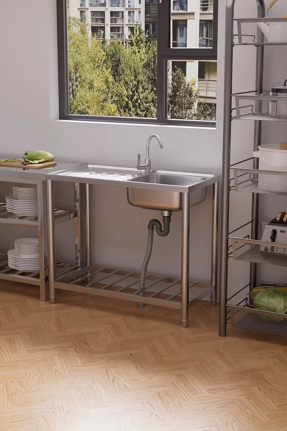 Living and Home Stainless Steel Single Sink with Drainboard in Silver – 2