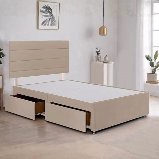 Bed Time UK Plush Divan Bed Frame with 2 Drawers and Upholstered Fabric Headboard in Beige, W/D/H: 120 x 200 cm