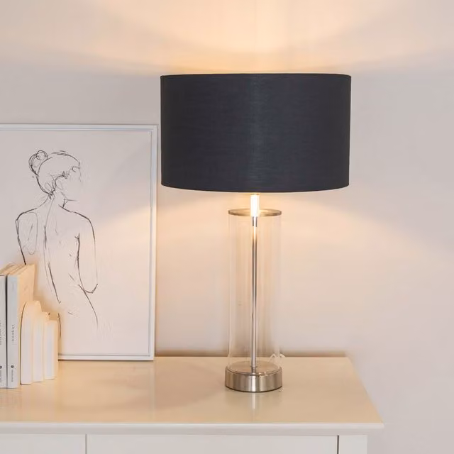 ValueLights Balan Table Lamp with Transparent Glass, Chrome and Black Inner Shade