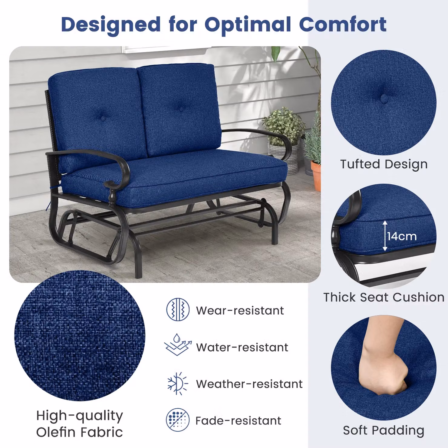 Gymax 2 Seater Outdoor Swing Glider Chair with Cushions in Navy Blue – 4
