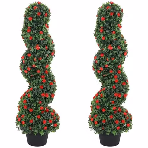 HOMCOM Set of 2 Red Artificial Rose Spiral Topiary Trees in Pots, Height: 90 cm – 1