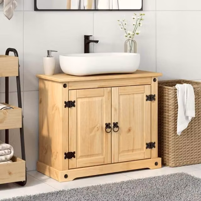Berkfield Home Beautiful Corona Bathroom Sink Cabinet in Tan Solid Wood Pine, W/D/H: 73 x 33 x 60 cm