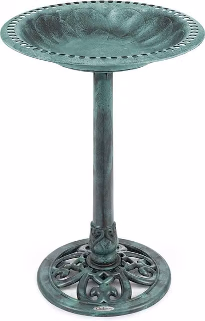 Christow Round Pedestal Bird Bath in Green with Floral Design, H 60 cm x W 43 cm x D 43 cm