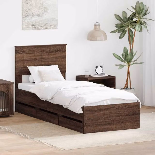Berkfield Home Modern Bed Frame with Drawers in Brown Oak, Engineered Wood, W: 75 cm x L: 190 cm – 1
