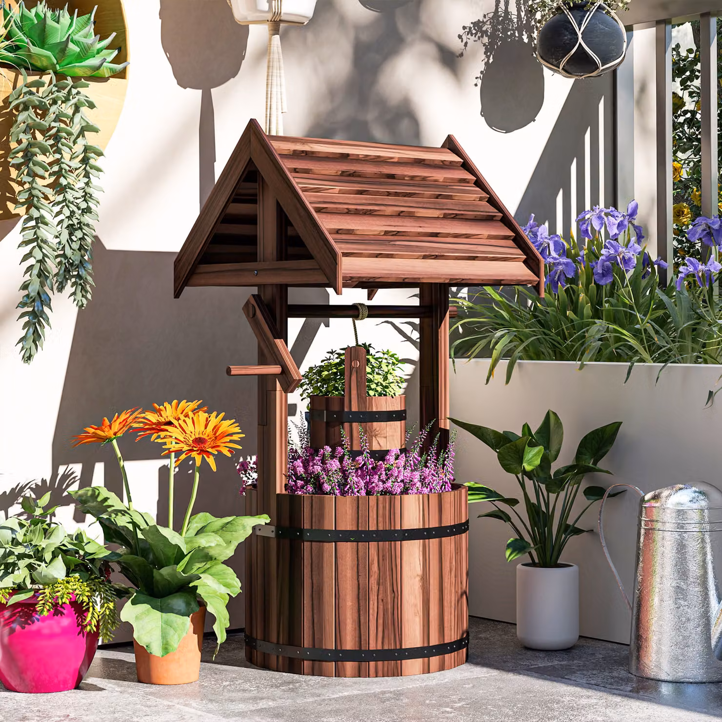 Outsunny Carbonised Wood Wishing Well Planter with Hanging Bucket in Brown – 8