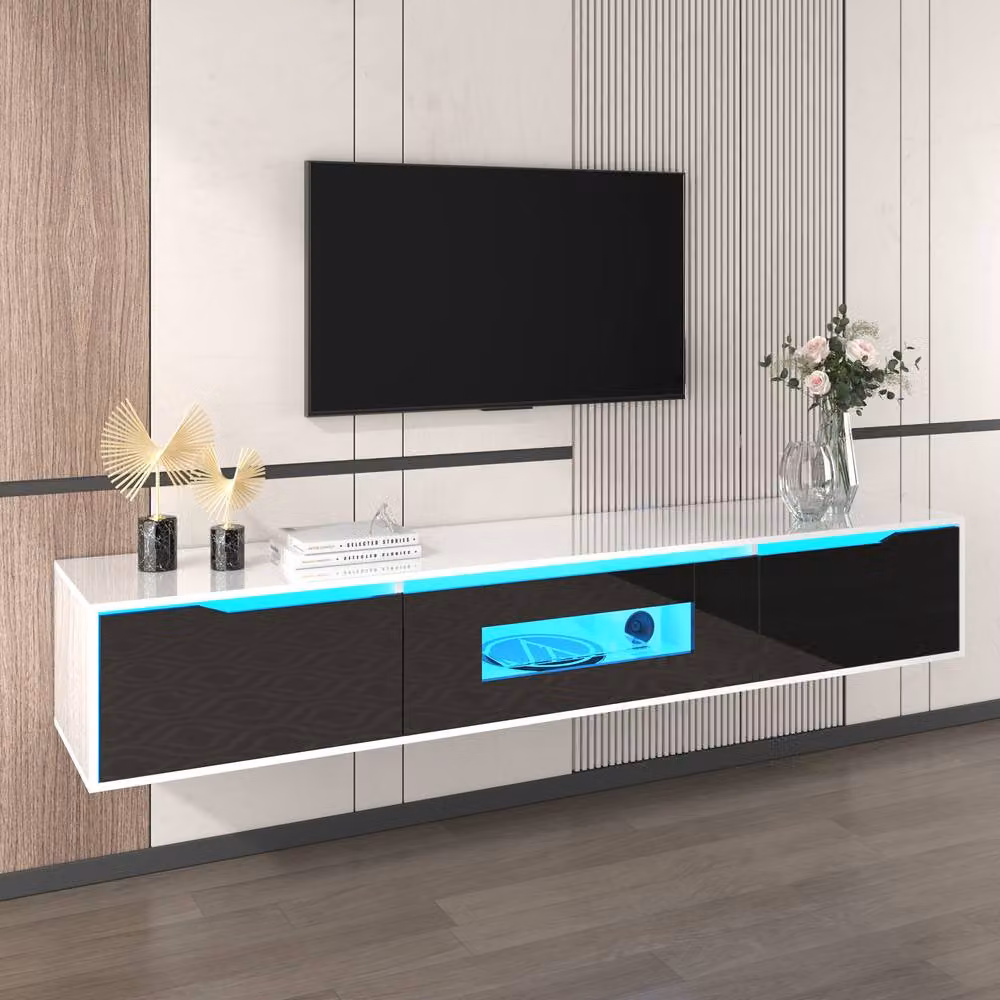 HomeTouch High Gloss Floating Black TV Stand Unit with LED Lights W: 180 cm, D: 35 cm, H: 35 cm – 2