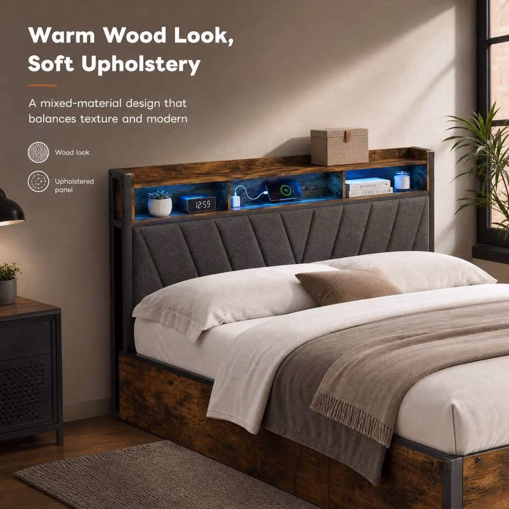 STILVORA King Size Ottoman Bed with LED Lighting, USB Charging Ports and Underbed Storage, Multicolour Fabric and Wood Construction, W/D/H: 180 x 200 x 109 cm – 5