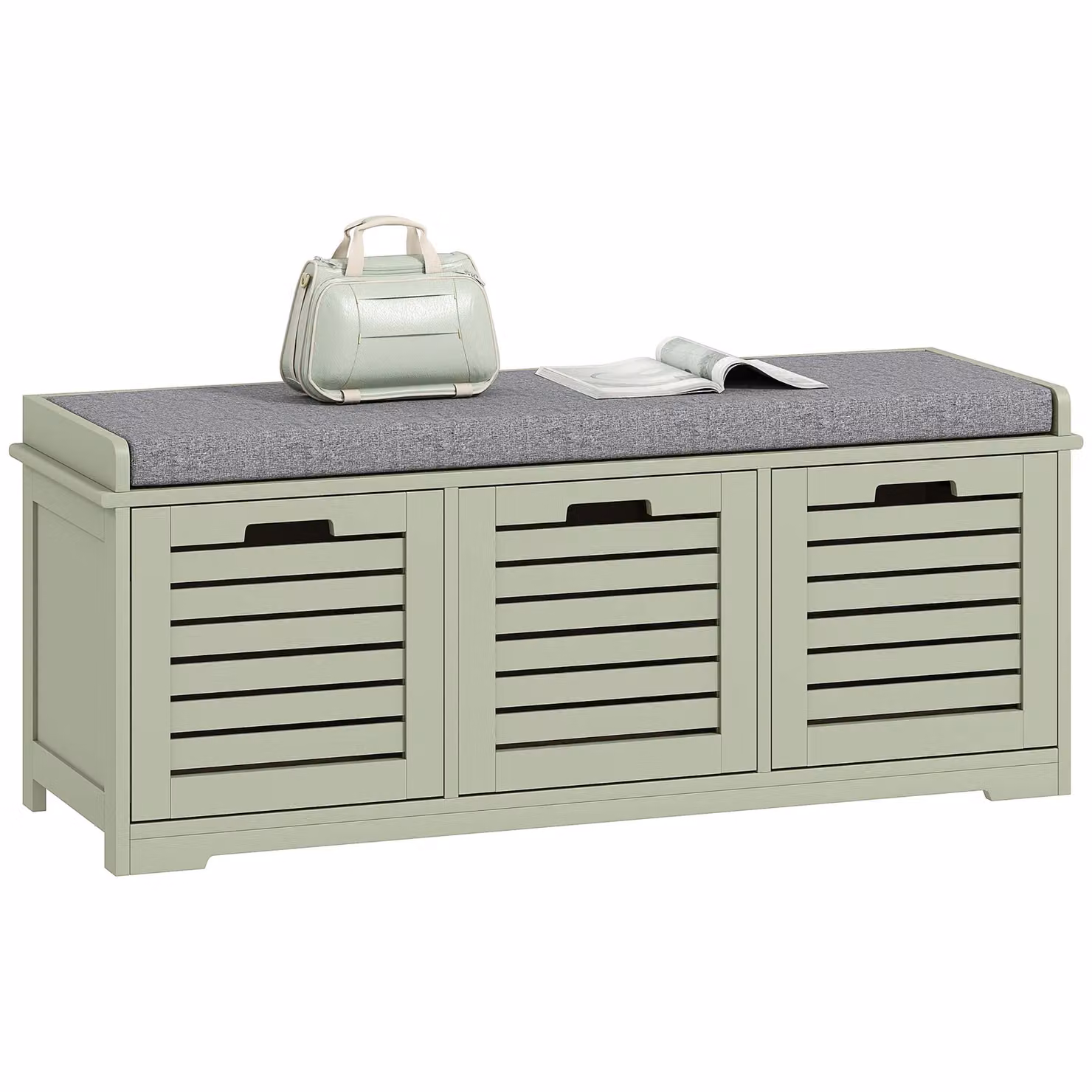 HOMCOM Green Shoe Storage Bench with Fabric Cushion and Slatted Doors – 2