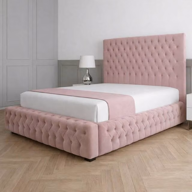 Living Comfort Bedz Countess Plush Velvet Upholstered Bed with Slatted Base and 48 Inch Headboard in Pink, Super King