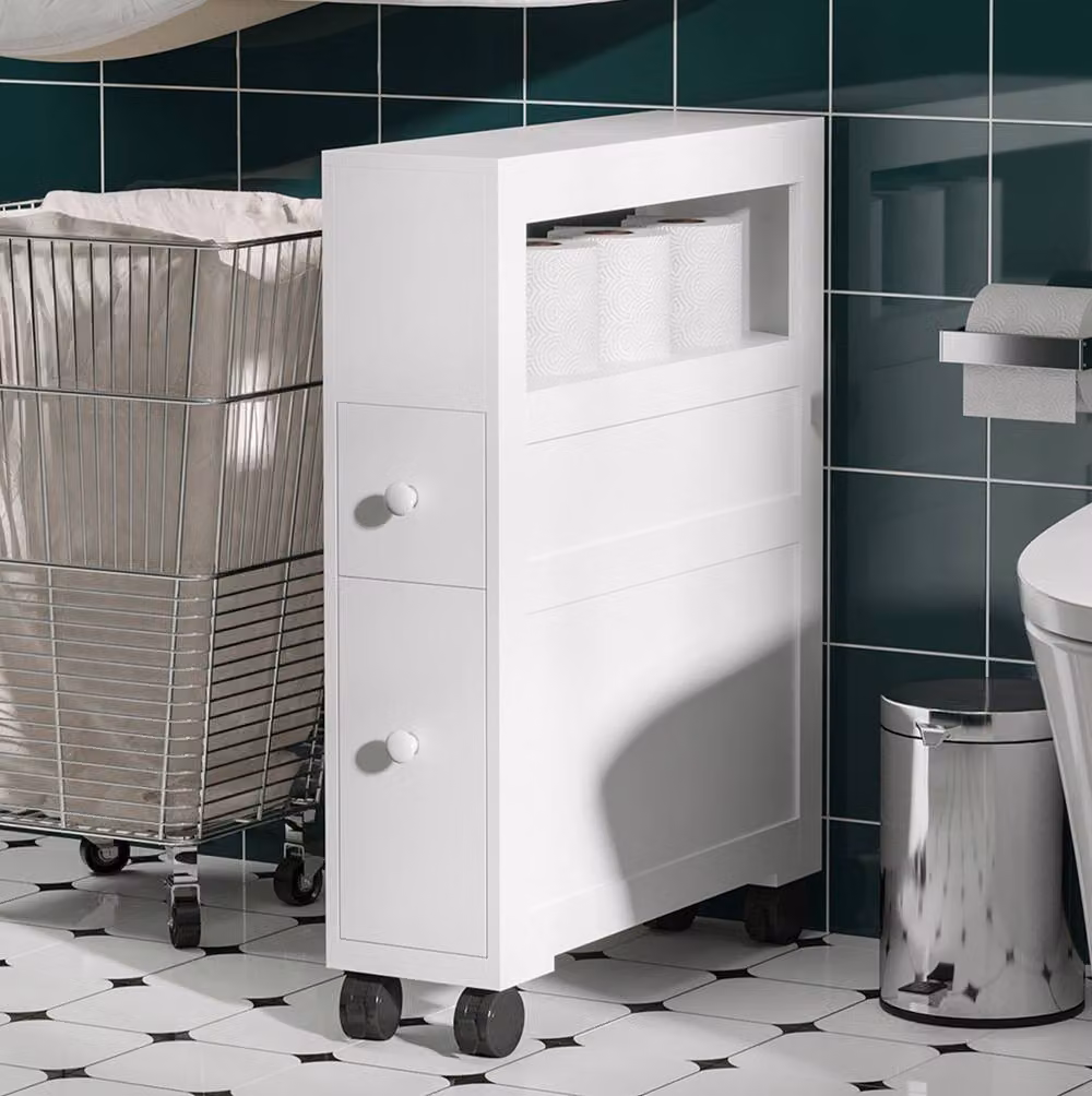 STILVORA Modern White Bathroom Storage Unit with 2 Drawers and Wheels – 2