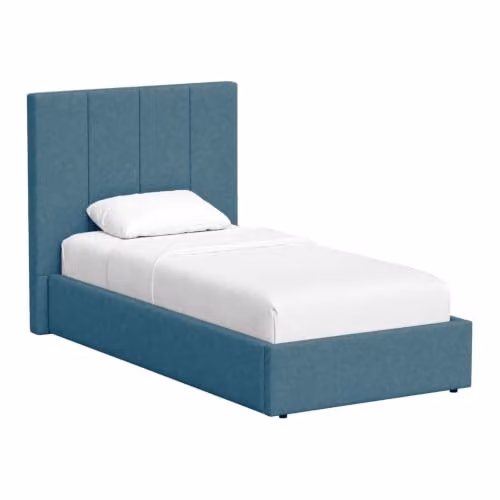 FWStyle Hoscar Single Ottoman Storage Bed in Dolphin Blue, Upholstered with Lift-Up Base, W: 113 cm, D: 109 cm, H: 209 cm