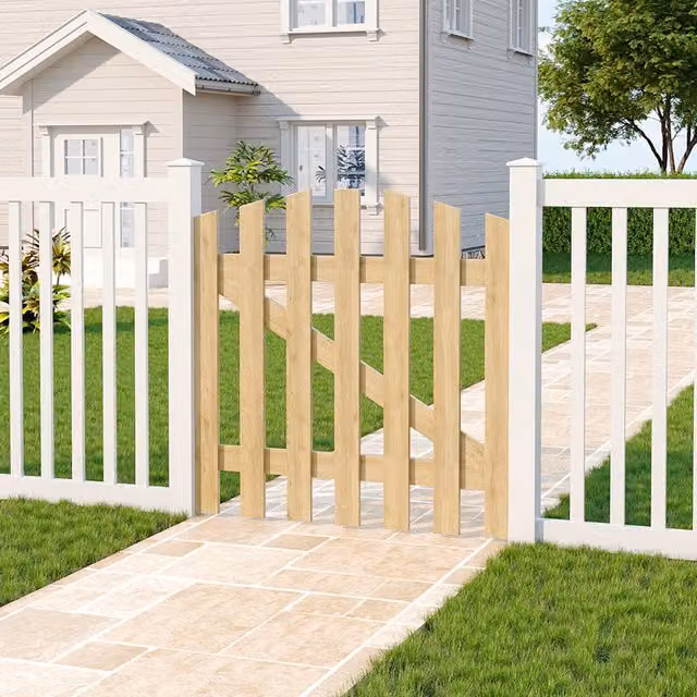 Darphe Classic Ledge and Braced Wooden Garden Gate with Pointed Top, Light Yellow, Width: 90 cm