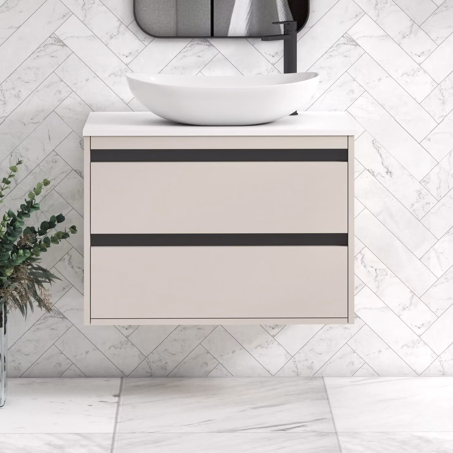 Royal Bathrooms Orion 800mm Wall Hung Vanity Unit with Cesar Basin and Black Accent Trim in Warm Taupe and White