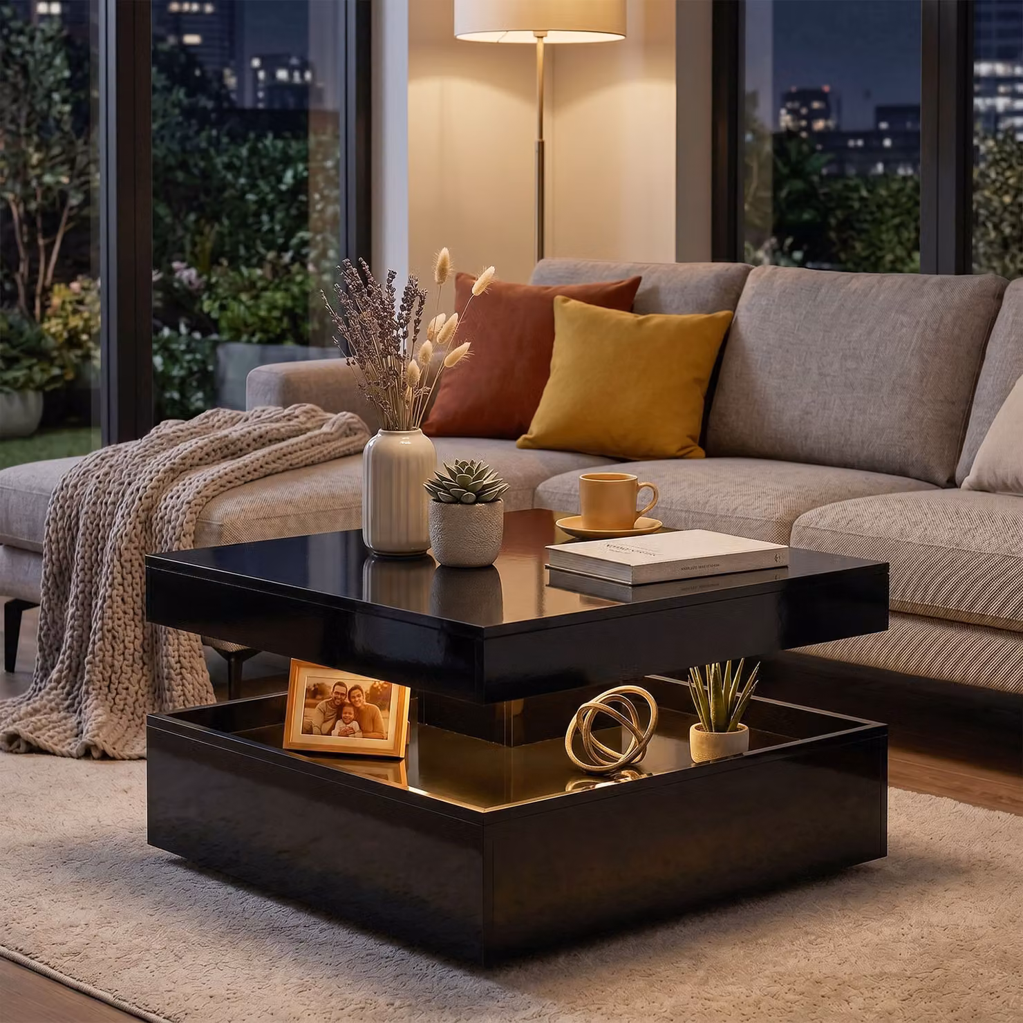 HOMCOM Modern 2-Tier LED Coffee Table with Storage and Open Shelf in High Gloss Black – 2