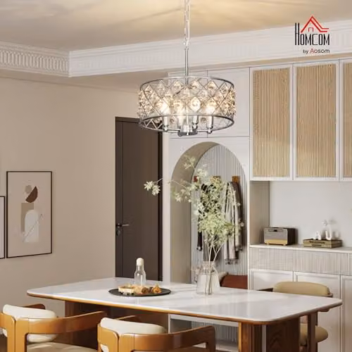 HOMCOM Modern Crystal Chandelier in Silver with Adjustable Height and 4-Light E14 Base – 2