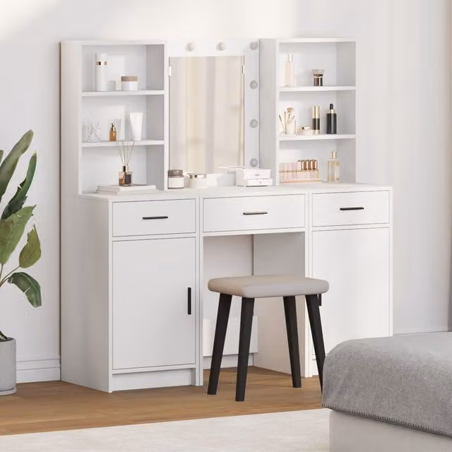 Berkfield Home Hollywood LED 3 Piece Dressing Table Set in White Lacquered MDF