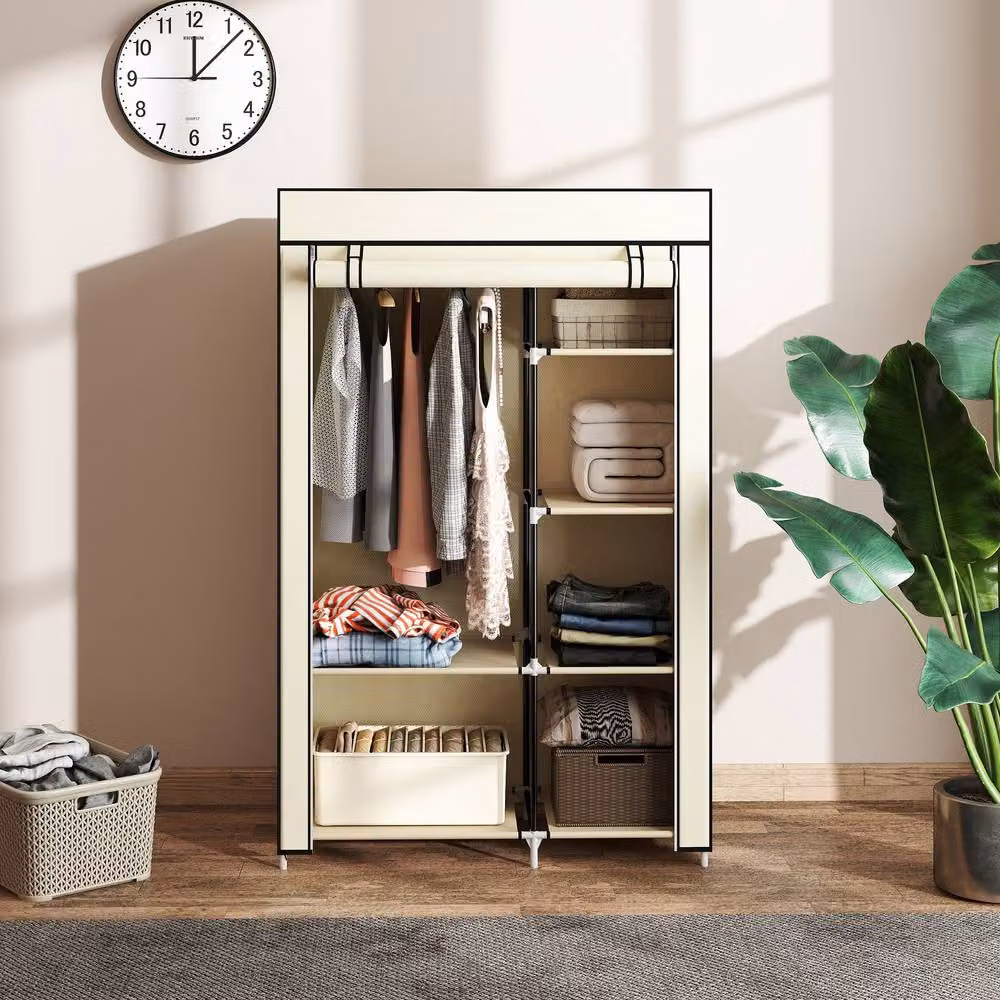 STILVORA Modern Freestanding Wardrobe with Hanging Rod and Internal Shelves in Beige, H: 162.5 cm x W: 103.0 cm – 4