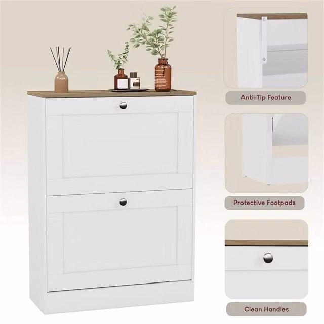 SPETLEK White Modern 2-Drawer Shoe Cabinet with Tilting Compartments and Internal Shelves for Hallway or Living Room Storage – 1