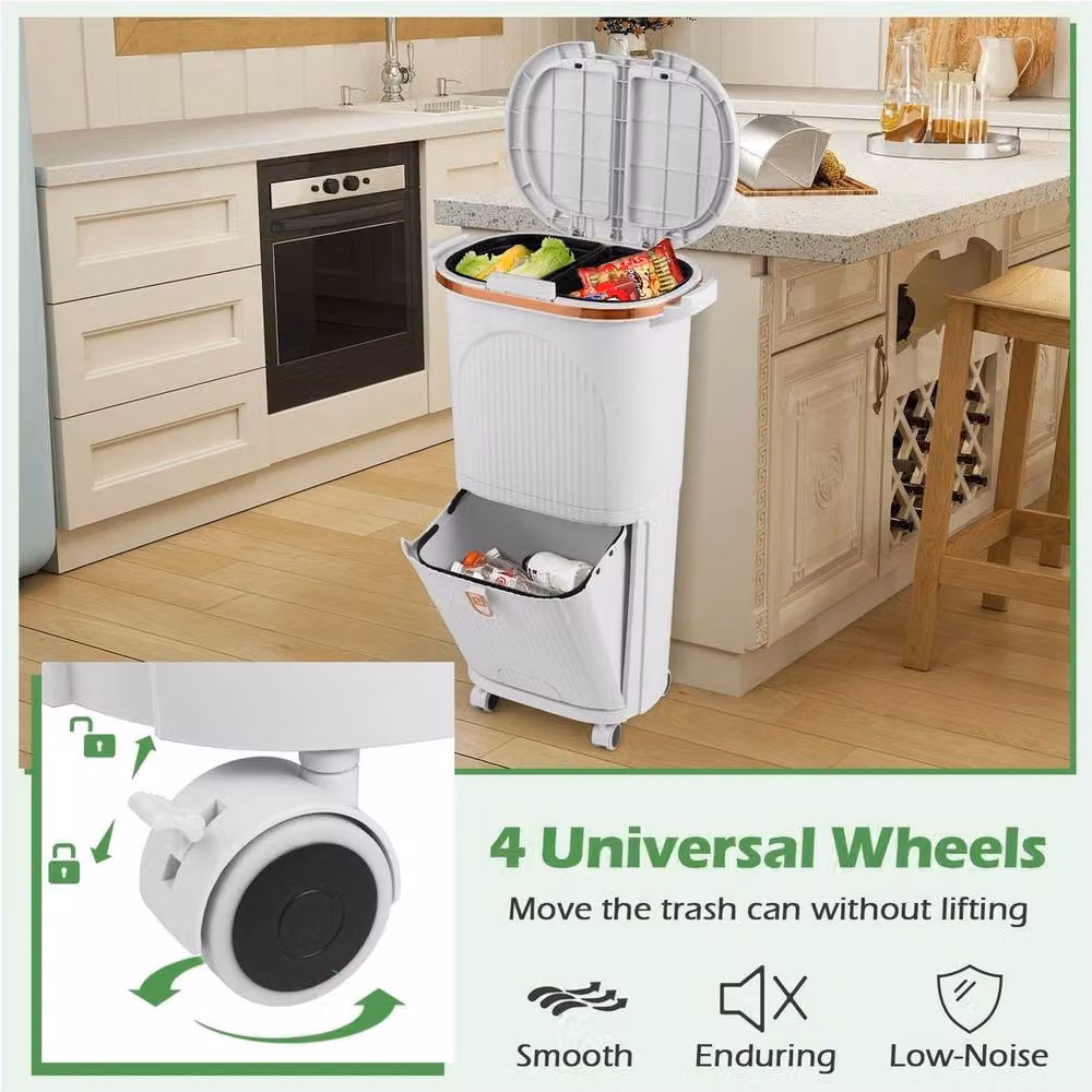 VOGREX 38L 2-Tier Wheeled Kitchen Trash Bin with Pedal, White – 3