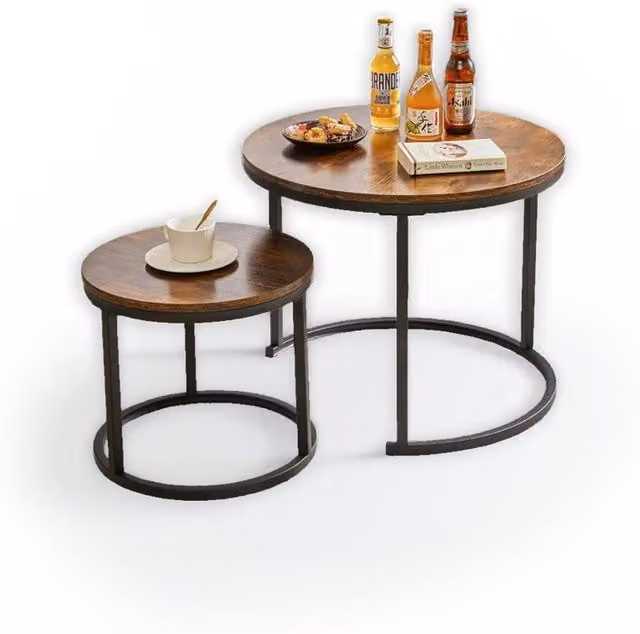 Modcraft Set of 2 Round Nesting Coffee Tables in Brown and Black with Rustic MDF and Metal Sled Base