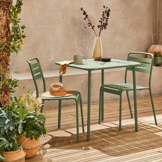 sweeek 2-Seater Square Steel Garden Table and Chairs Set in Matt Green