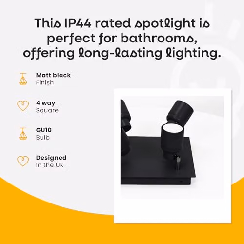 ValueLights Benton 4 Way Square Adjustable Ceiling Spotlight, IP44 Rated Bathroom Light, Black – 4