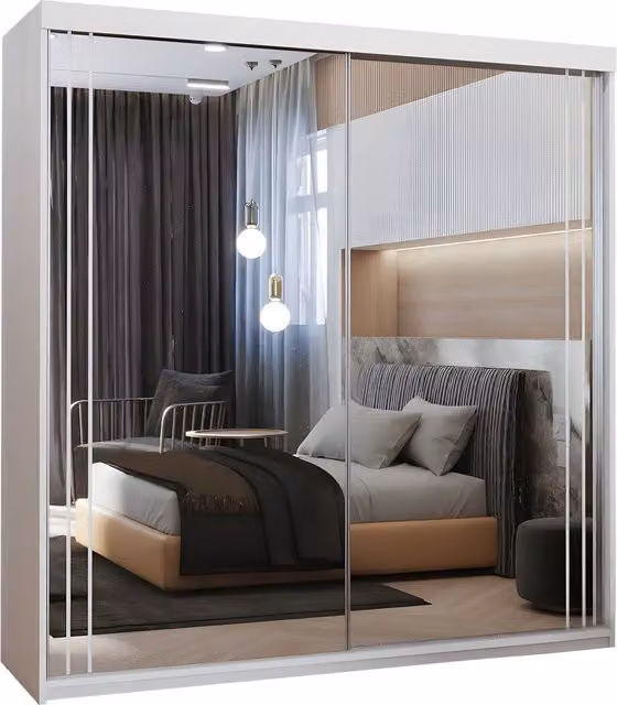 Sliding Wardrobes 4u Modern White Glossy Freestanding Sliding Wardrobe with Mirrored Doors and Integrated Drawers, Width: 203 cm