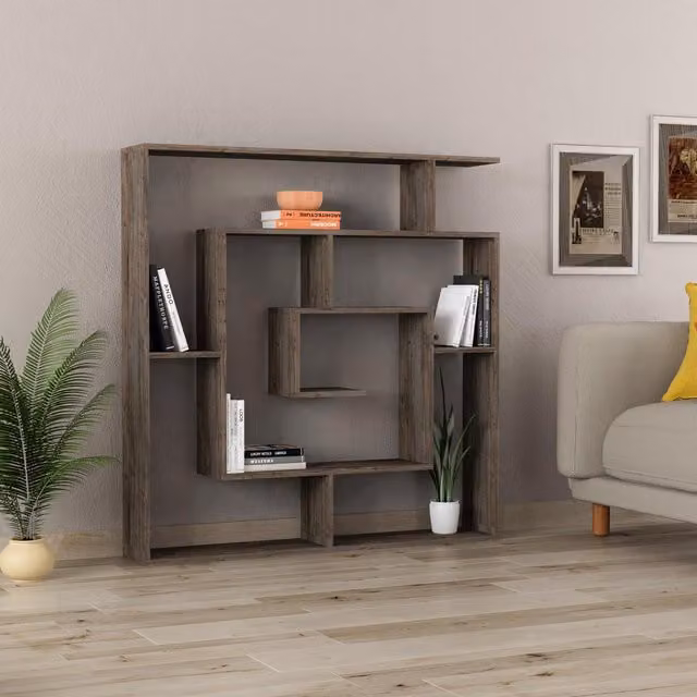 FWStyle Modern Maze Inspired Geometric Bookcase Room Divider Shelving Unit in Dark Coffee