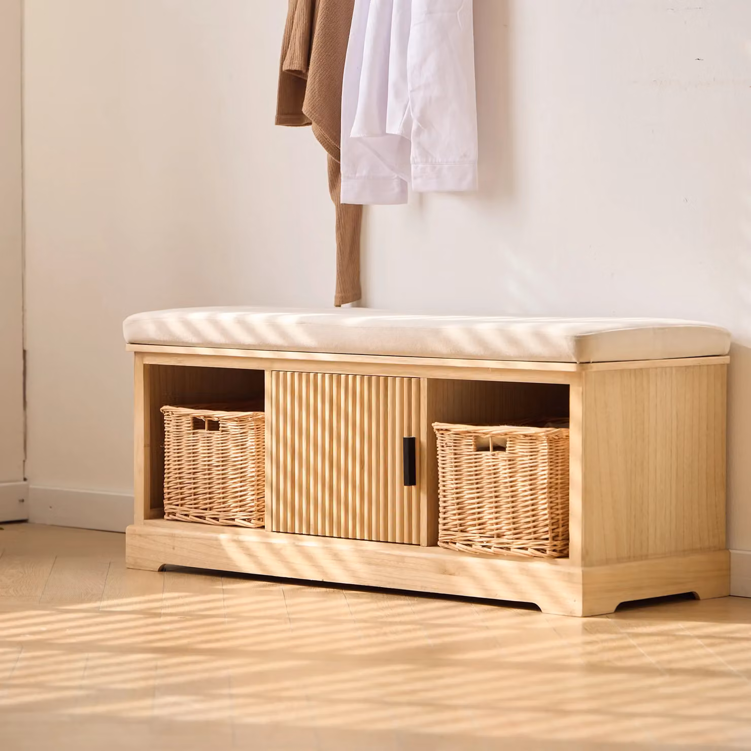 Nordlys Scandinavian Wooden Entryway Bench in Brown with 1 Door and 2 Storage Compartments with Baskets – 2