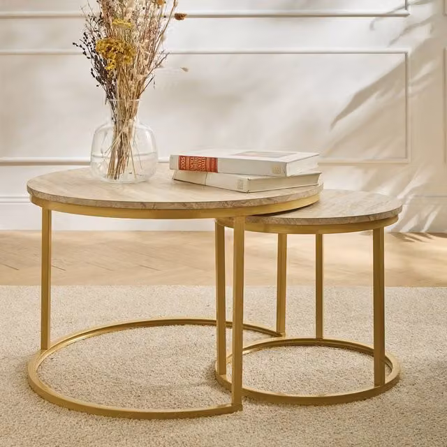 Calicosy Lenny Set of 2 Round Nesting Coffee Tables in Beige