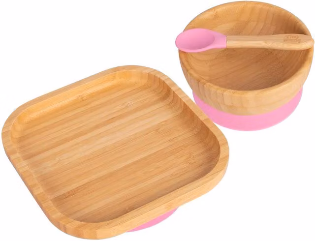 Tiny Dining Pink Bamboo and Silicone Childrens Suction Square Dinner Set