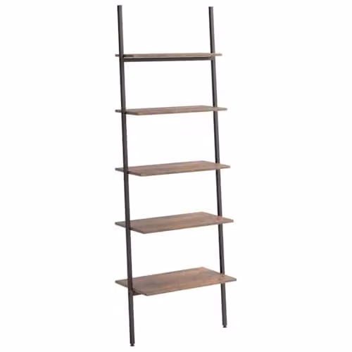 vidaXL 5-Tier Modern Leaning Ladder Shelf in Dark Brown and Black, W: 64 cm, D: 34 cm, H: 185.5 cm