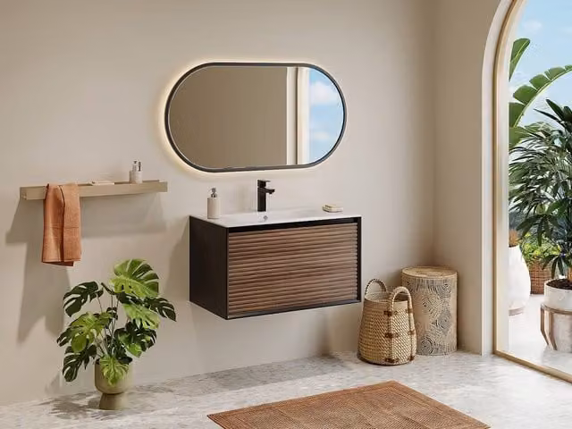 Vente-unique Striped Wall-Hung Vanity Unit in Dark Natural and Black, W/D/H: 80 x 45.8 x 45 cm – 1