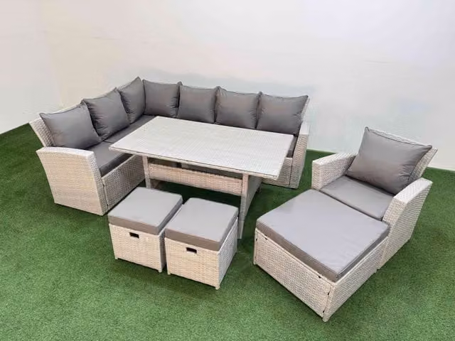 Fimous 10 Seater Rattan Garden Furniture Set with Dining Table, Chairs and 3 Footstools in Light Grey