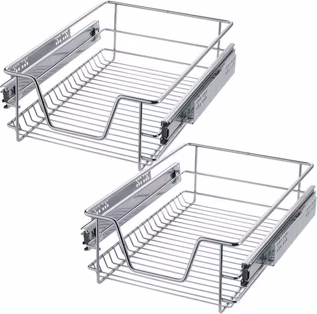 TECTAKE 2 Grey Metal Sliding Wire Baskets with Drawer Slides, Width: 40 cm