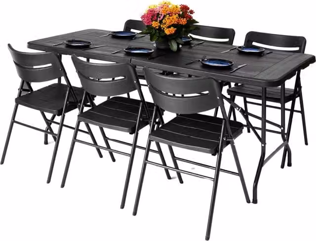 Novecrafto 6ft Folding Table and 6 Folding Chairs Set in Black with Wood Grain Pattern and Steel Frames