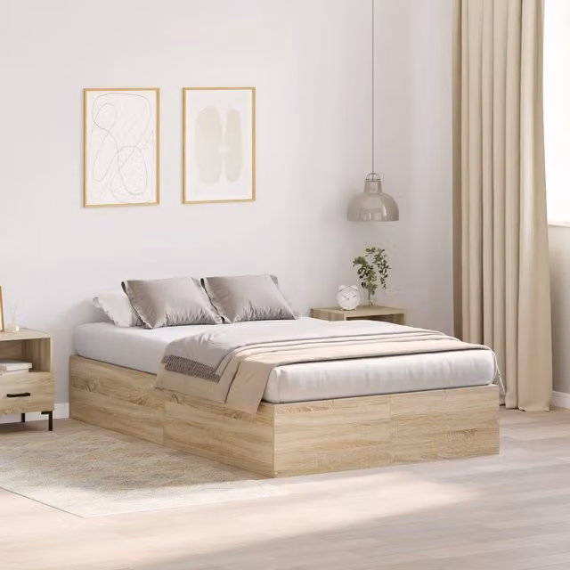 Berkfield Home Sonoma Oak Storage Bed Frame in Beige, W/D/H: 120 x 200 cm