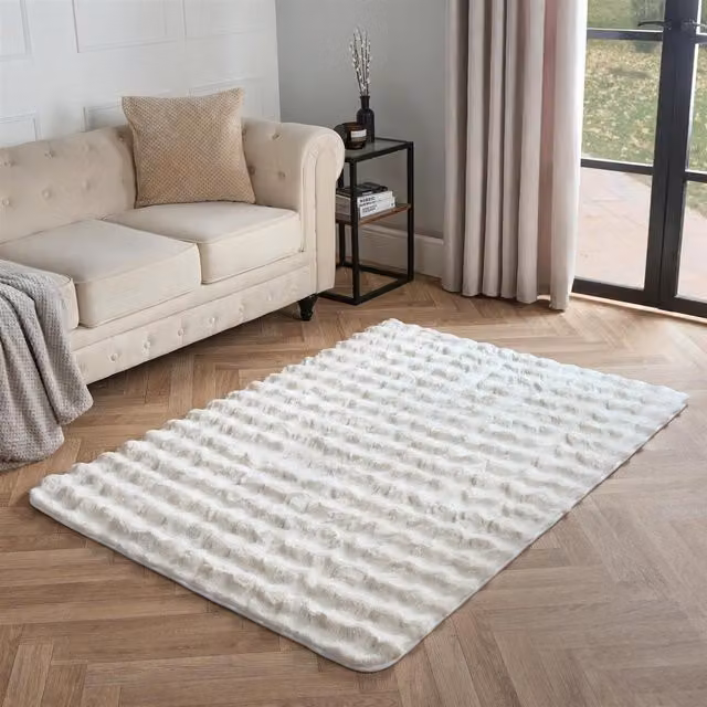 OHS Faux Fur Bubble Rug in Beige, Yellow and White, Rectangular, Width: 120 cm