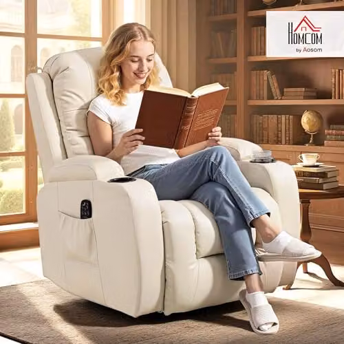 HOMCOM Recliner Armchair with Massage and Heat, Beige Faux Leather – 2