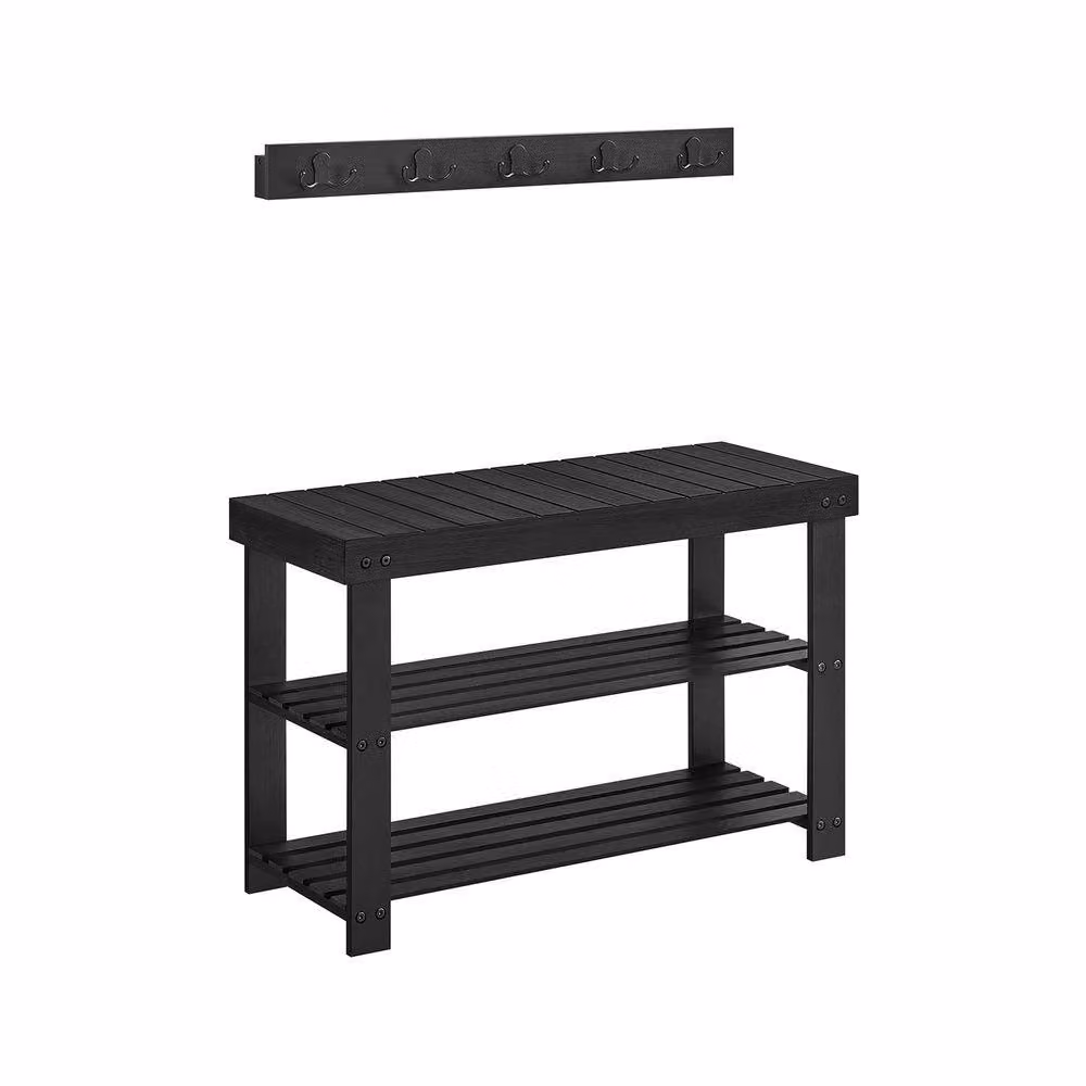 Pirlo Plush 3 Tier Bamboo Hall Tree with Shoe Bench and Coat Hooks, Black, H 136 x W 70.1 x D 45.3 cm – 4