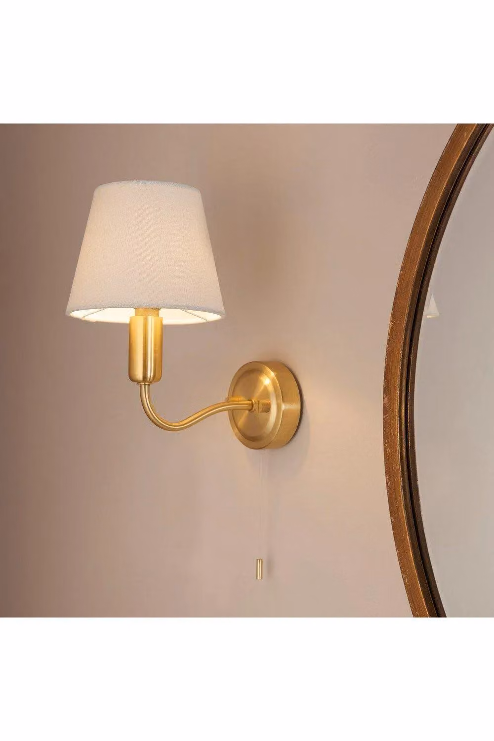 Netlighting Conway Classic Wall Lamp in Satin Brass with Ivory Tapered Fabric Shade and Pull Cord Switch IP44 – 2