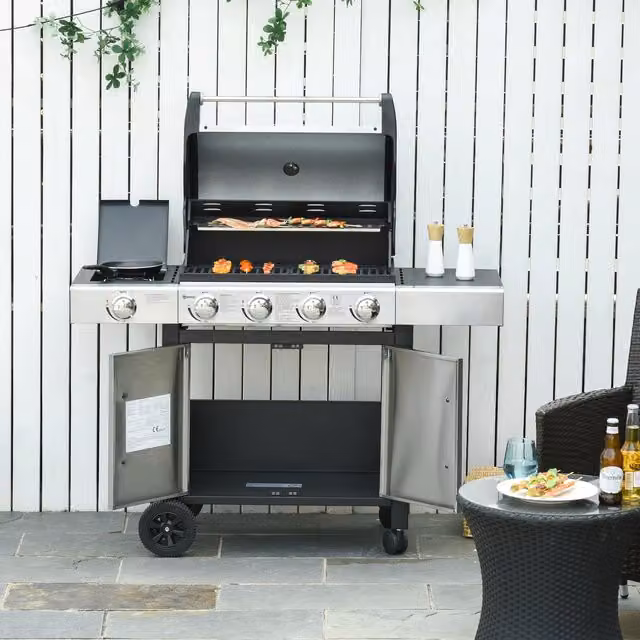 Outsunny Gas Burner Barbecue Grill with Side Burner and Warming Rack in Black and Stainless Steel