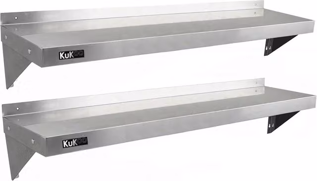 KuKoo 2 x Stainless Steel Wall Mounted Shelves, Silver, W: 140 cm, D: 30 cm, H: 3 cm – 2
