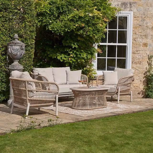 Martic 4 Seater Modern Outdoor Seating Set in Beige and Brown Rattan with Metal and Glass Details