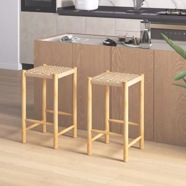 Costway Set of 2 Rustic Backless Dining Stools in Brown with Rubberwood Frame and Fabric Seating