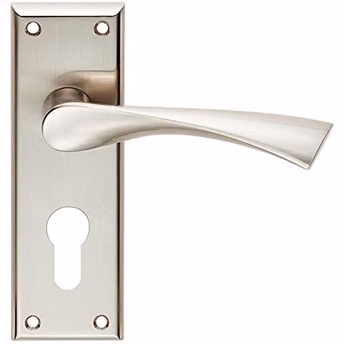 Loops Pair of Angular Lever on Euro Lock Backplate Door Handles in Brushed Silver Nickel, W: 150 mm, H: 50 mm